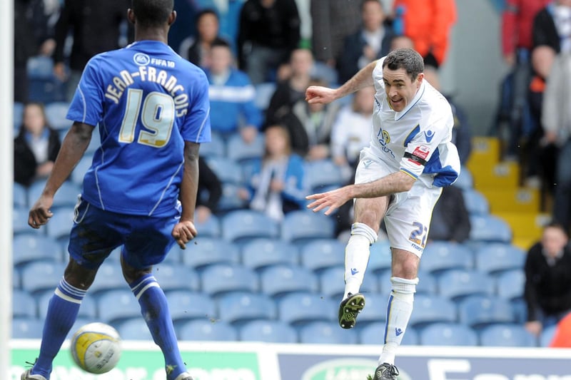 Andrew Hughes fires in a shot against Swindon Town at Elland Road in April 2010.
