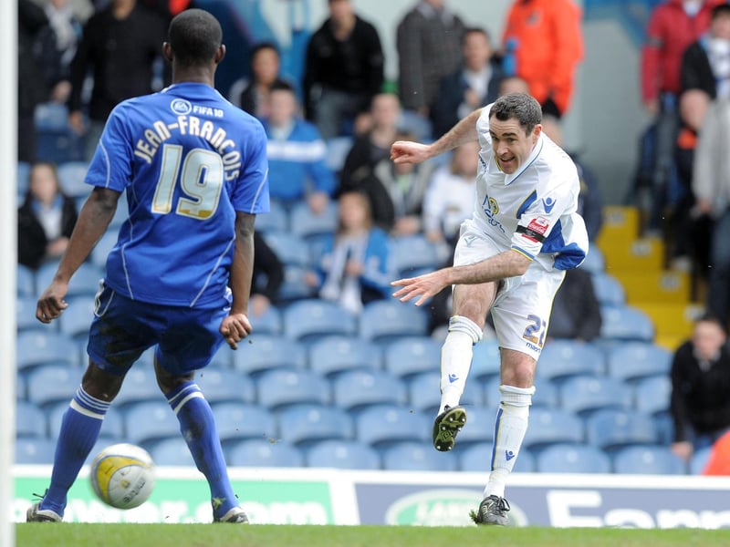 Andrew Hughes fires in a shot against Swindon Town at Elland Road in April 2010.