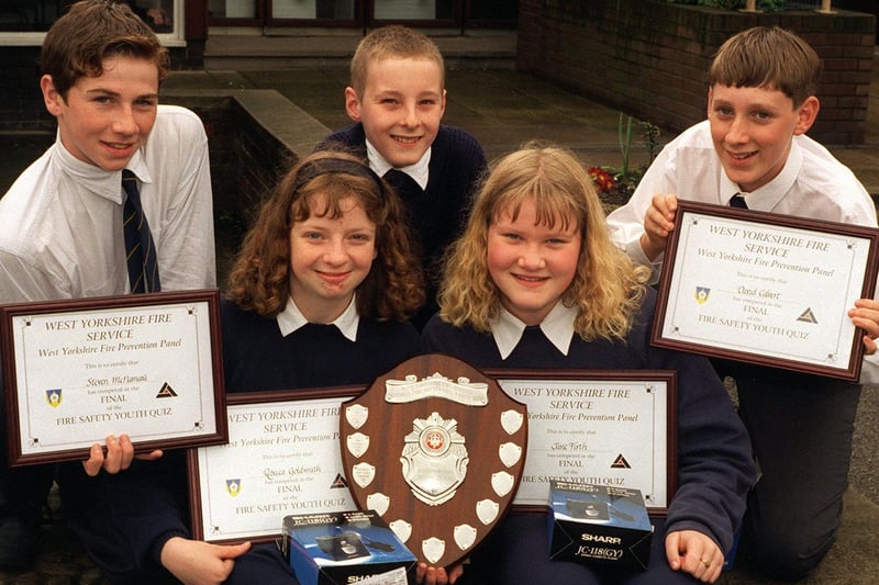 Quiz team pupils of Westborough High School won the West Yorkshire Fire Service Youth Fire Safety Quiz. Pictured, back row from left, Steve McNamara, Brett Davies, and David Calvert. Front: Rebecca Goldsmith and Jane Firth.