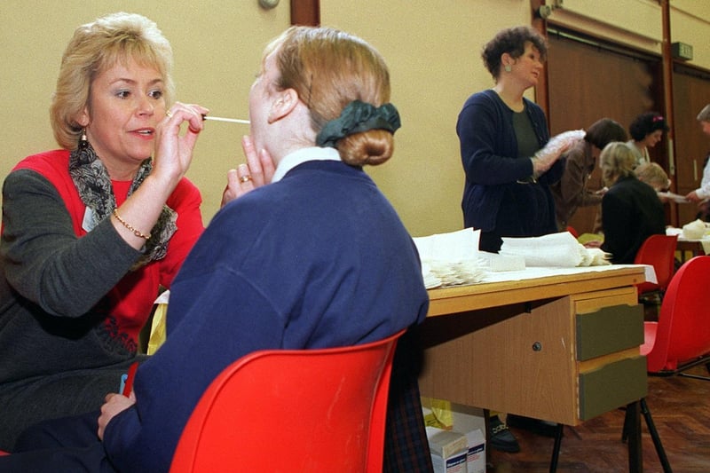 School nurse Eileen Sutherland taking swabs to test for Meningitis at Thornhill High School in January 1996.