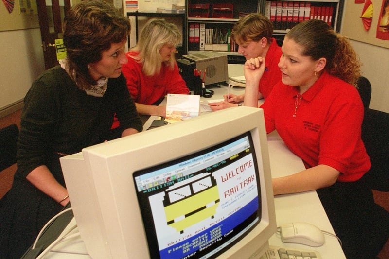 Dewsbury College's Travel and Tourism Centre in February 1996. Pictured, from left, are tutors Judith Hinchcliffe and Angela Wallwork with students James Taylor and Ellen Blakeley.