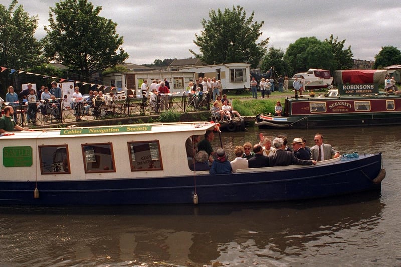 Dewsbury Canal Festival in July 1996. Pictured is Savile, the newly-launched boat of the Calder Navigation Society making its maiden voyage.