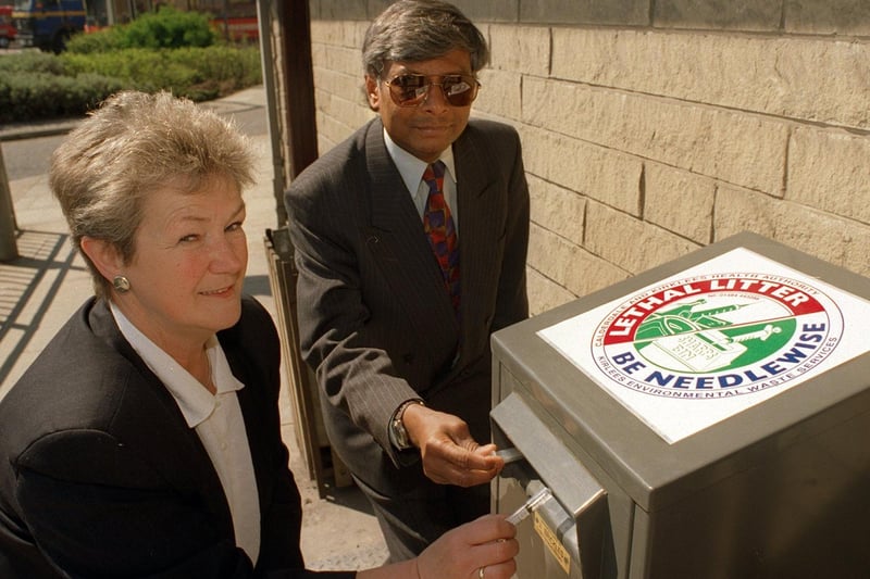 'Be needlewise' was the message to Dewsbury residents in May 1996. Pictured is Jill Sykes, Kirklees environmental waste services officer with Coun Dr. Thimme Gowda.