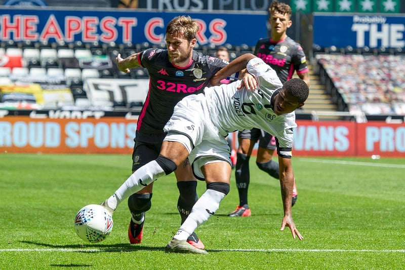 Liam Cooper vies for possession with Swansea City's Rhian Brewster.
