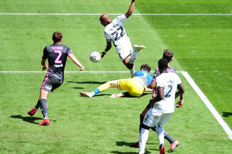 Swansea City striker Andre Ayew is under pressure from Leeds United goalkeeper Illan Meslier.