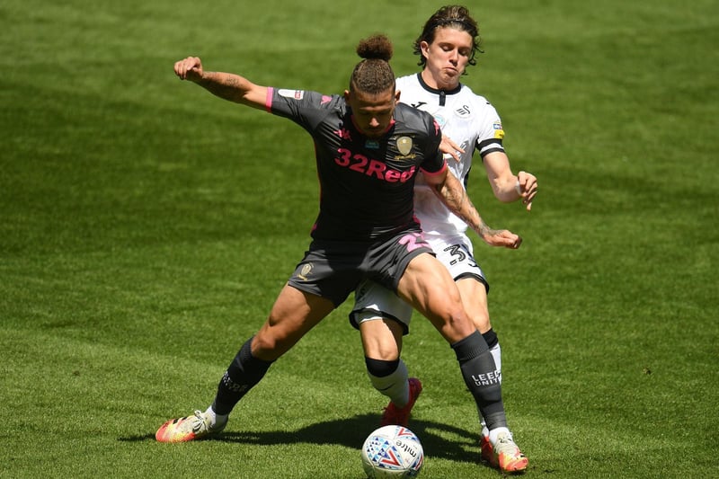 Kalvin Phillips protects the ball under pressure from Swansea City's Conor Gallagher.