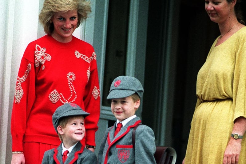 Prince Harry, five, joins his brother Prince William, seven, on his first day at the Wetherby School in Notting Hill, West London in September 1989.