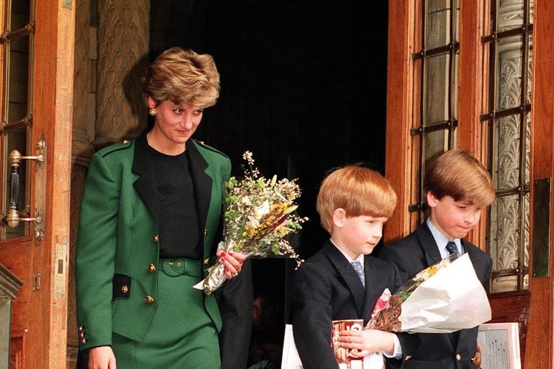 The Princess of Wales and her two sons Prince Harry and Prince William leaving London's Natural History Museum in 1992
