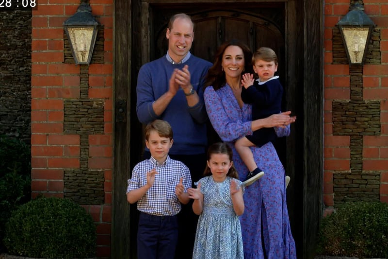 Prince William, Duke of Cambridge and Catherine, Duchess of Cambridge and their children taking part in the nationwide Clap for Carers in 2020 for the BBC's The Big Night In with Children In Need and Comic Relief
