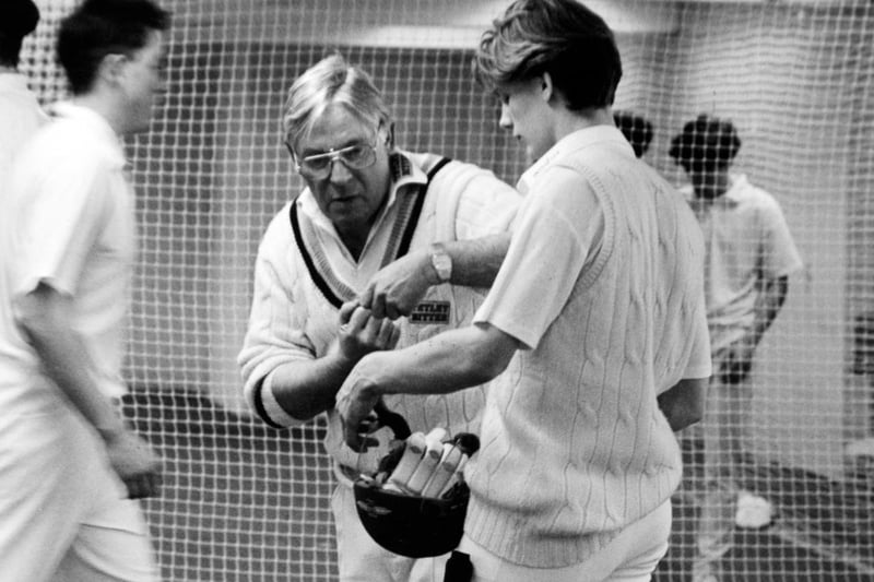 Cricket legend Doug Padgett is pictured coaching young players in February 1991. He is seen here with a young Richard Blakey.