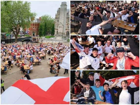 Football fans enjoy England's victory over the Czech Republic in Preston's Fan Zone at the Flag Market.
