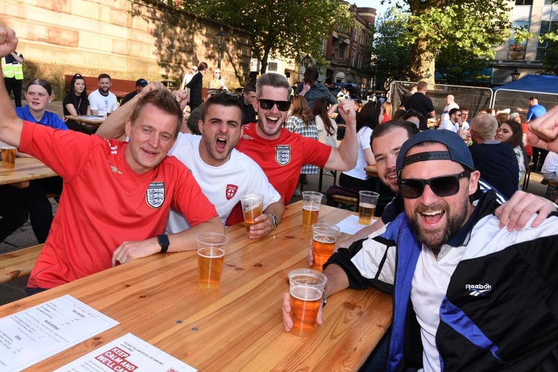 Fans at the England v Czech Republic match on Preston's Flag Market