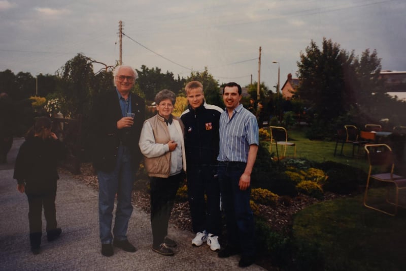 Lady Milena Grenfell-Baines (second from left) with butcher Michael Clarke (right) and Czech footballer Martin Frýdek (in tracksuit)