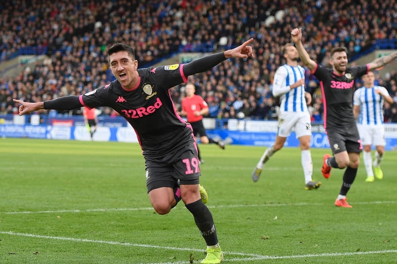 Pablo Hernandez celebrates after scoring against Huddersfield Town at the John Smith's Stadium in December 2019.