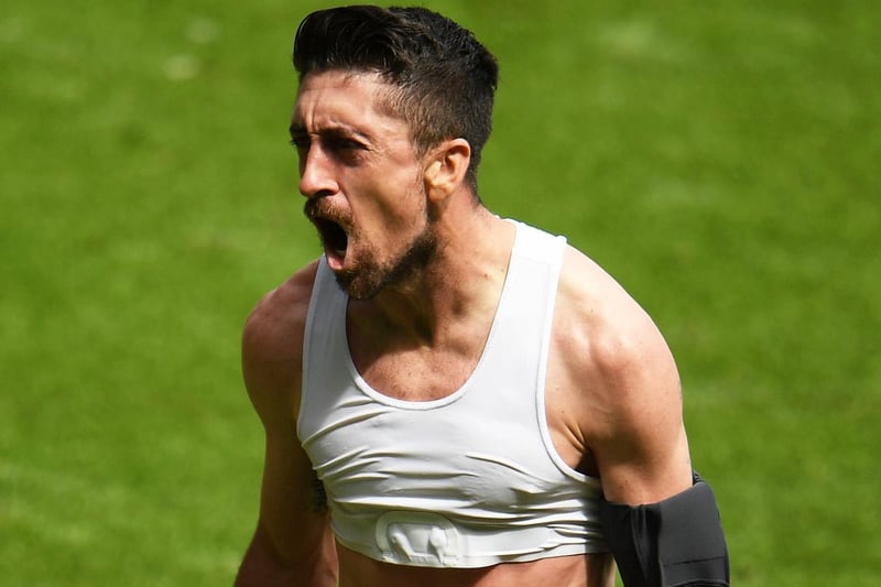 Pablo Hernandez celebrates an injury time winner against Swansea City at the Liberty Stadium in July 2020.