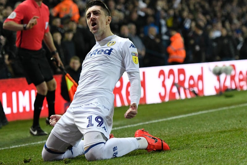 Pablo Hernandez celebrates scoring after just 16 seconds to put Leeds United ahead against West Brom during the Championship clash at Elland Road in March 2019.