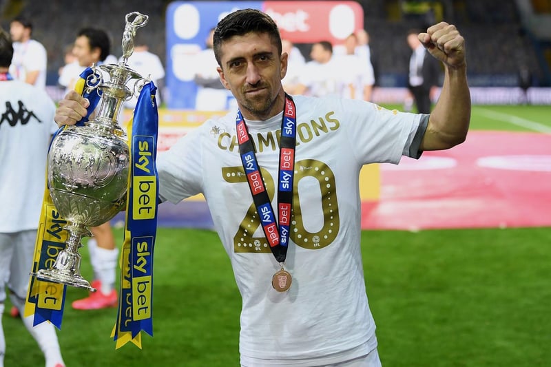 Pablo Hernandez celebrates with the Championship trophy after Leeds United beat Charlton Athletic at Elland Road in July 2020.