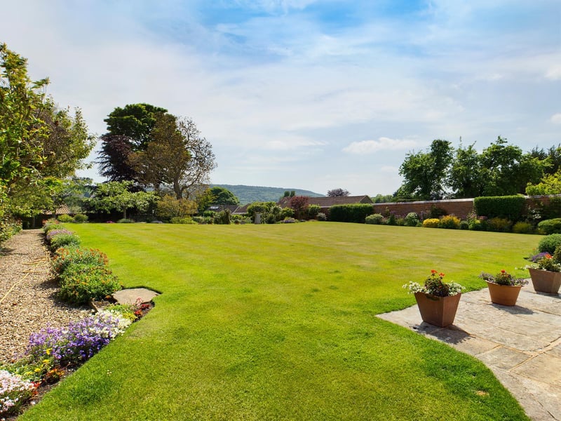 Lawn, pathways and established borders within the well kept gardens