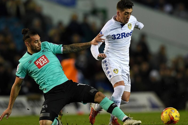 Derby County's Bradley Johnson lunges in on Pablo Hernandez during the Championship clash at Elland Road in January 2017.