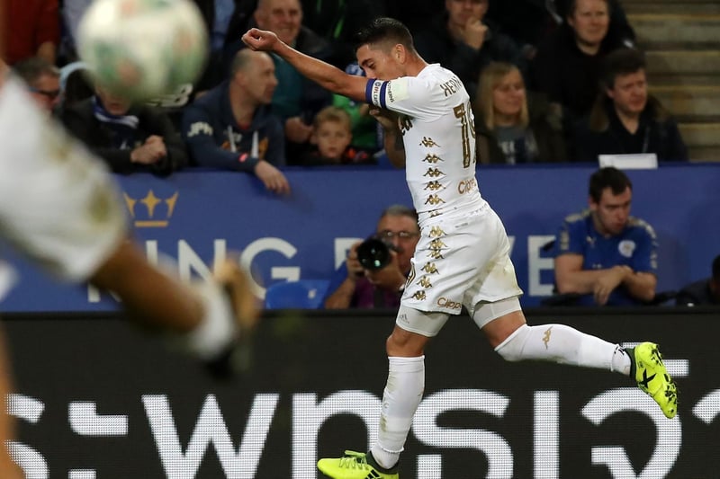 Pablo Hernandez celebrates after scoring against Leicester City during the League Cup fourth round clash at the King Power Stadium in October 2017.