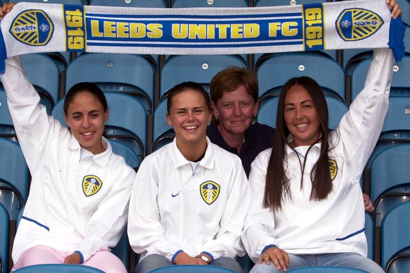 Leeds United Ladies manager Julie Chipchase is pictured with new signings, from left to right, Nicole Emmanuel, Alex Culvin and Natalie Preston.