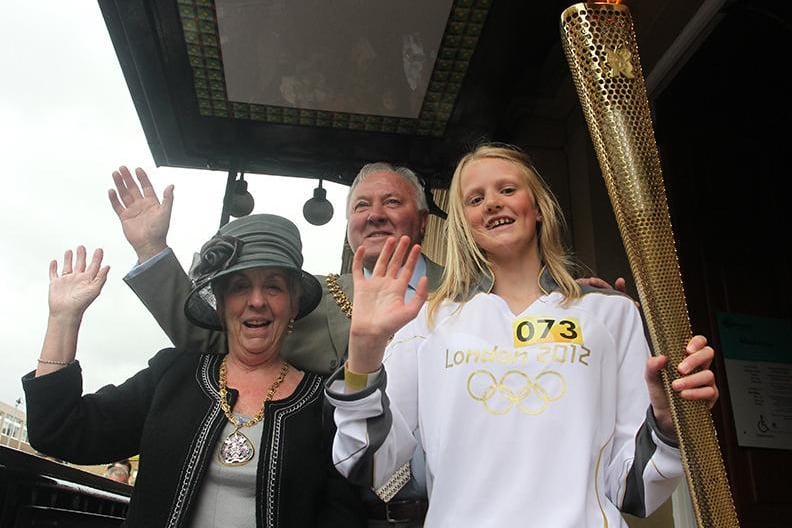 Elizabeth Greenwood with the Mayor and Mayoress of Burnley Coun. Charlie Bullas and Mrs Irene Bullas with the Olympic Torch at Burnley Mechanics.