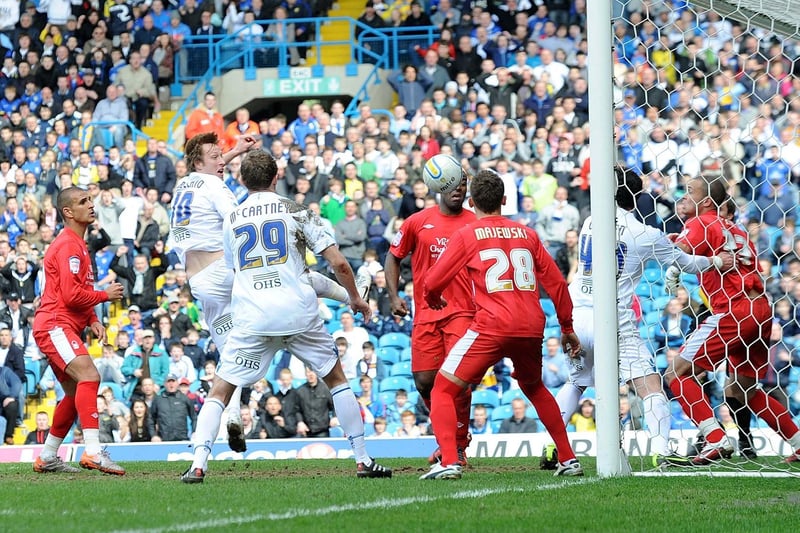 Luciano Becchio heads home to put Leeds United 2-0 ahead.