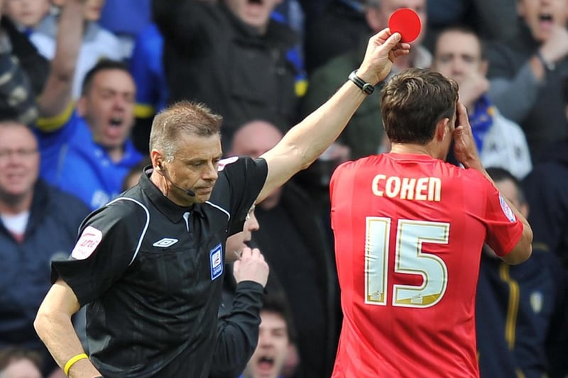 Nottingham Forest's Chris Cohen is sent off after challenging George McCartney for a loose ball.