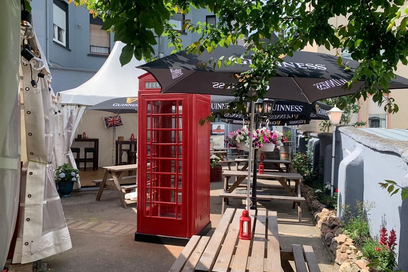 The beer garden even contains a red telephone box