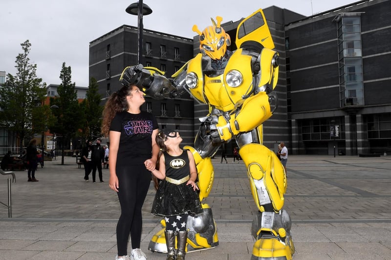 Transformers characters including Bumblebee were seen at the event - pictured with excited fans