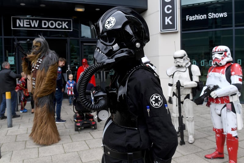 Star Wars characters gather outside the event this afternoon