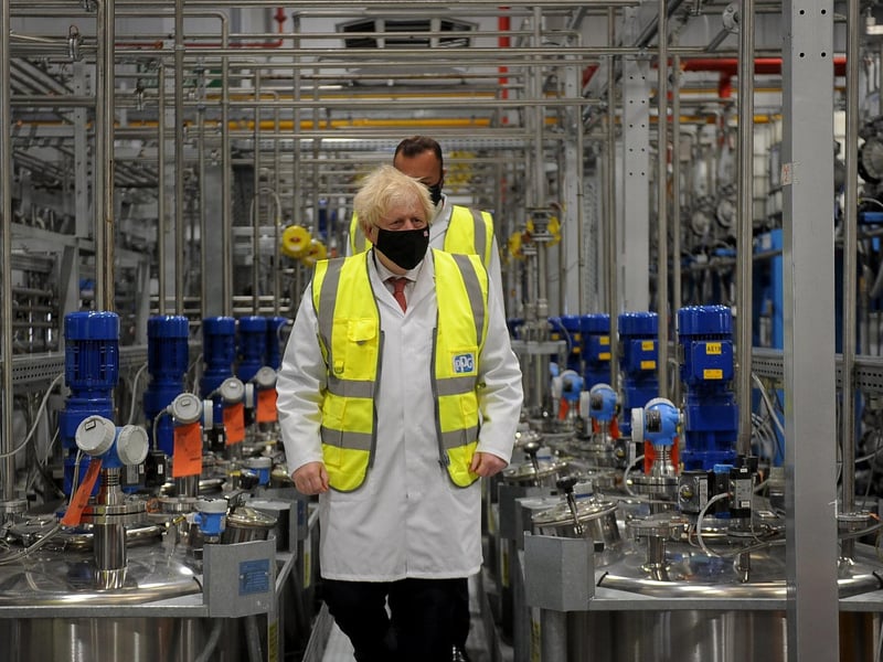 Prime Minister Boris Johnson pictured during his visit to PPG Architectural Coatings, Huddersfield Road, Birstall