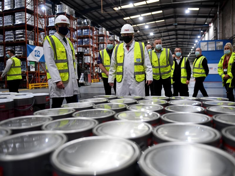 Prime Minister Boris Johnson pictured during his visit to PPG Architectural Coatings, Huddersfield Road, Birstall