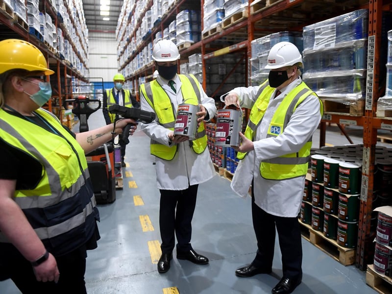 Prime Minister Boris Johnson pictured during his visit to PPG Architectural Coatings, Huddersfield Road, Birstall