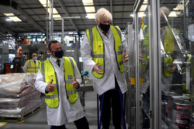 Prime Minister Boris Johnson pictured during his visit to PPG Architectural Coatings, Huddersfield Road, Birstall