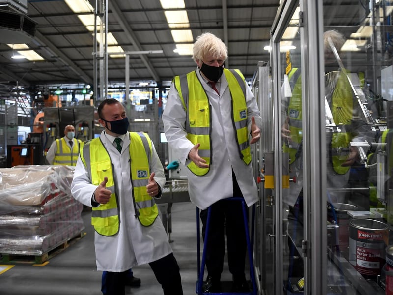 Prime Minister Boris Johnson pictured during his visit to PPG Architectural Coatings, Huddersfield Road, Birstall