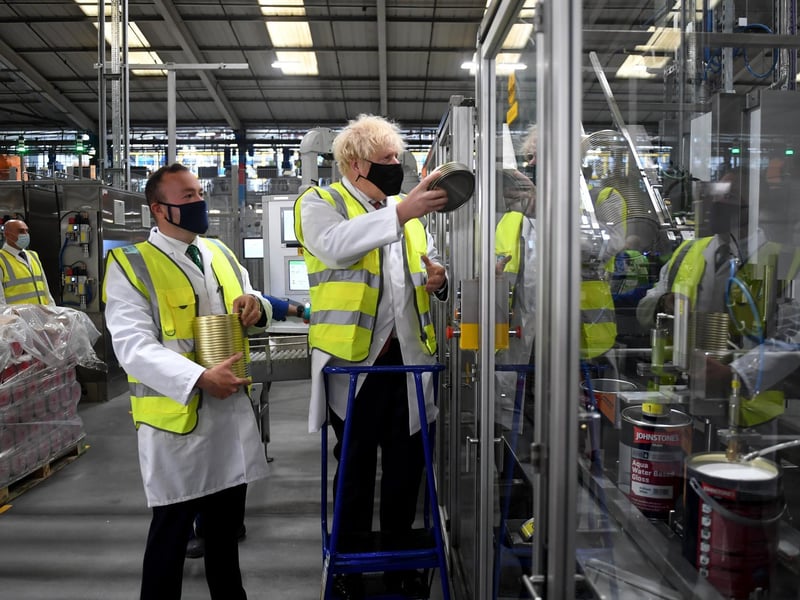 Prime Minister Boris Johnson pictured during his visit to PPG Architectural Coatings, Huddersfield Road, Birstall