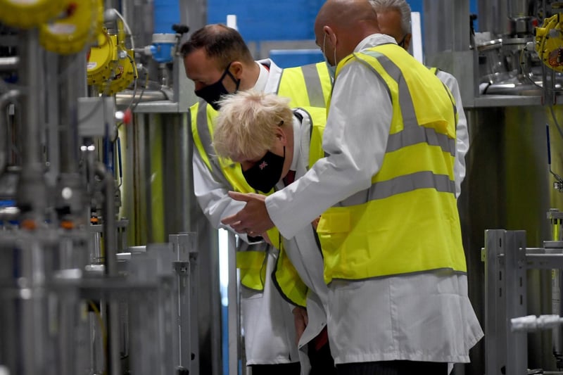 Prime Minister Boris Johnson pictured during his visit to PPG Architectural Coatings, Huddersfield Road, Birstall