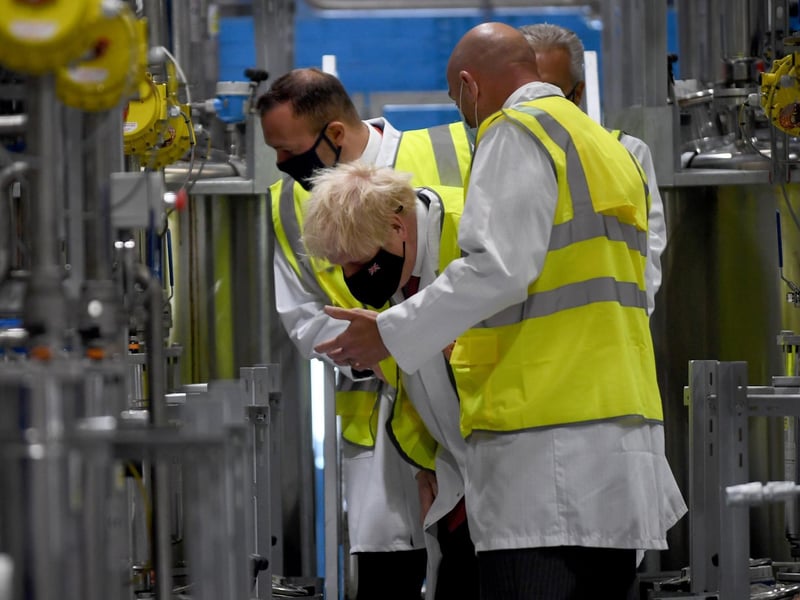 Prime Minister Boris Johnson pictured during his visit to PPG Architectural Coatings, Huddersfield Road, Birstall