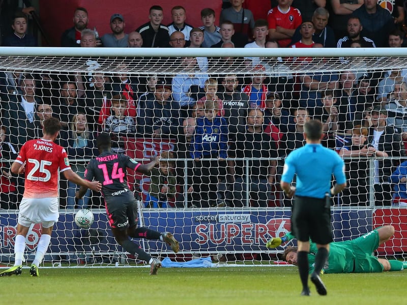 Eddie Nketiah scores the opening goal on his Leeds United debut.
