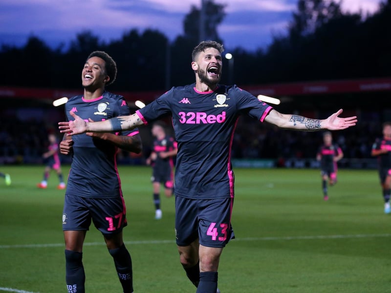 Mateusz Klich celebrates scoring.