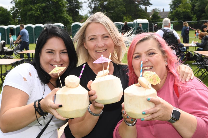 26th June 2021
Harrogate Food and Drink Festival.
Pictured from left Stacey Leathley, Melinda Leathley and Rachel Broadley enjoy coconut cocktails
Picture Gerard Binks