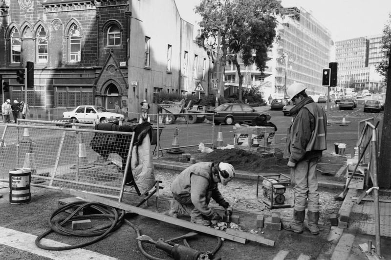 Workmen are busy on the inner city loop road project near the Leeds General Infirmary in October 1992.