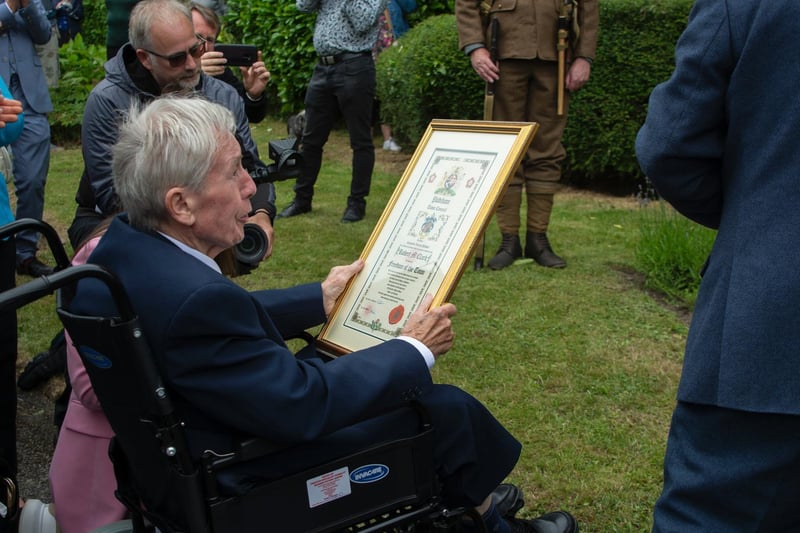 Padiham's Memorial Park was the setting for a special ceremony to present Mr Bob Clark with a Freedom of the Town honour and unveil a stone to celebrate the park's 100th birthday (photo by Naz Alam)