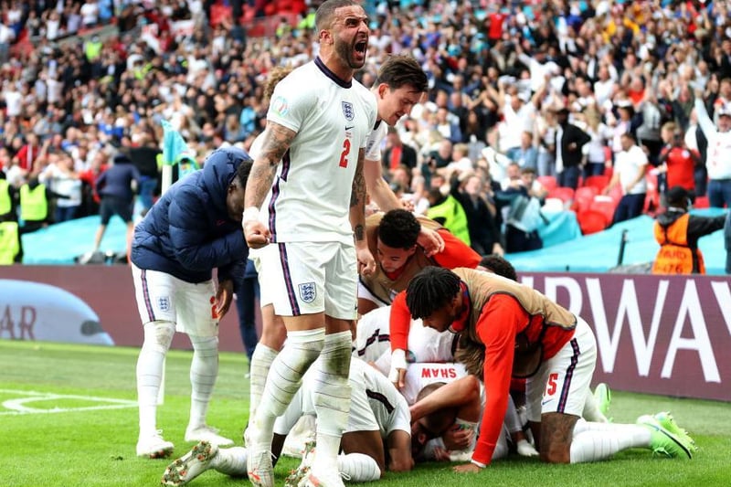 Kyle Walker celebrates England's second goal scored by team mate Harry Kane