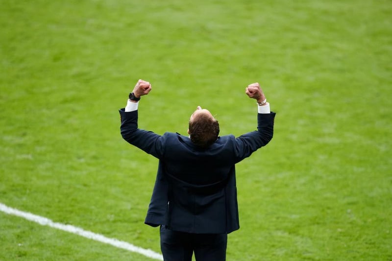 Gareth Southgate, Head Coach of England celebrates after victory