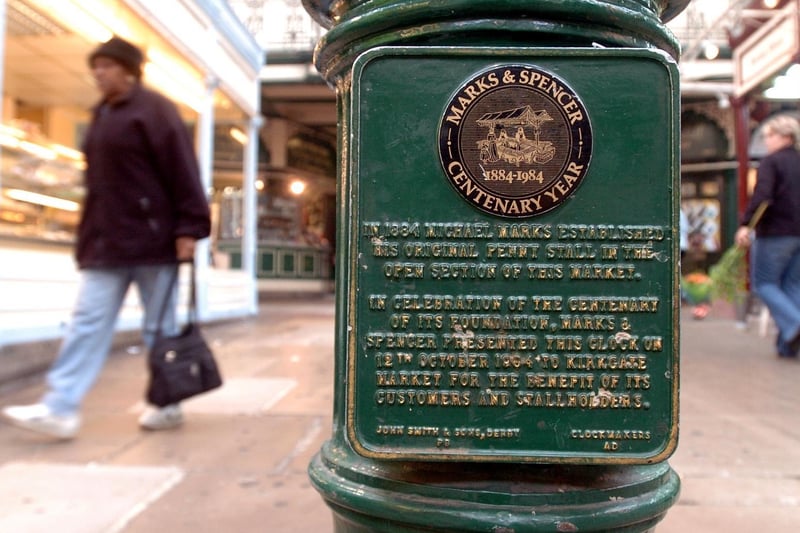 The plaque on the Marks and Spencer clock inside Kirkgate Market marking the firm's centenary (1884-1984).