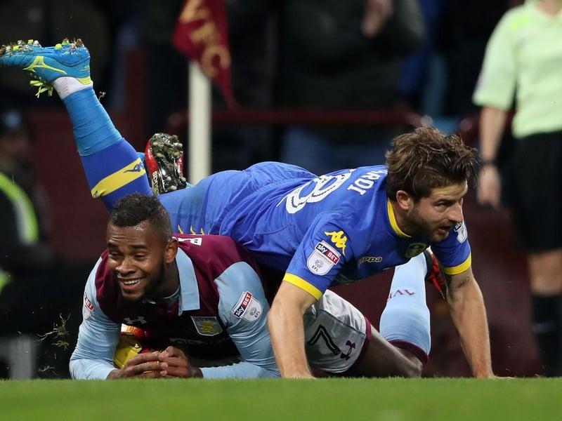 Gaetano Berardi gets in a tangle with Aston Villa's Leandro Bacuna during the Championship clash at Villa Park in December 2016.