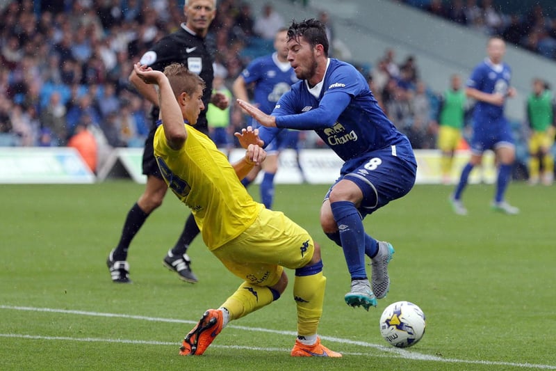 Gaetano Berardi  and Everton's Bryan Oviedo challenge for the ball during a pre- season friendly at Elland Road in August 2015.