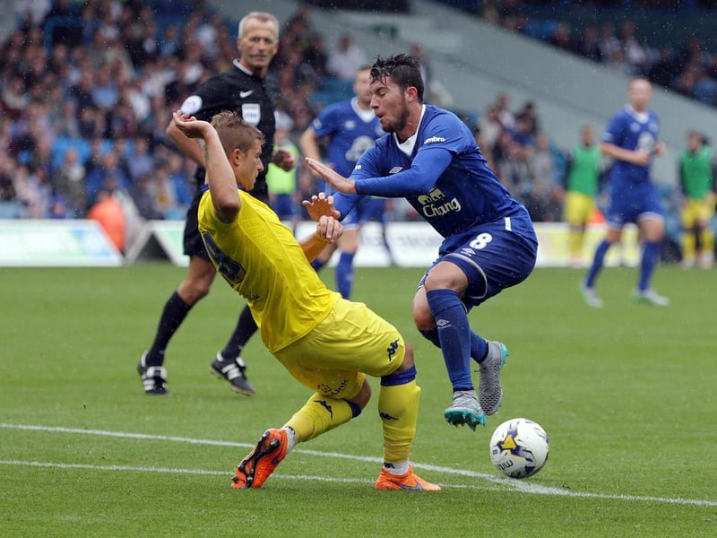 Gaetano Berardi  and Everton's Bryan Oviedo challenge for the ball during a pre- season friendly at Elland Road in August 2015.